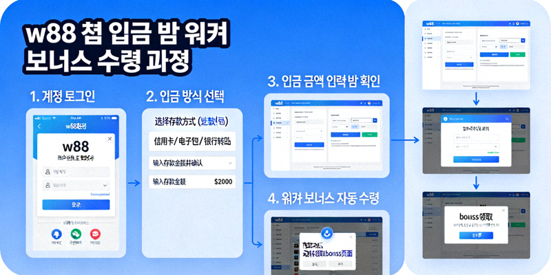 W88 첫 입금 및 웰컴 보너스 수령 과정을 보여주는 그래픽